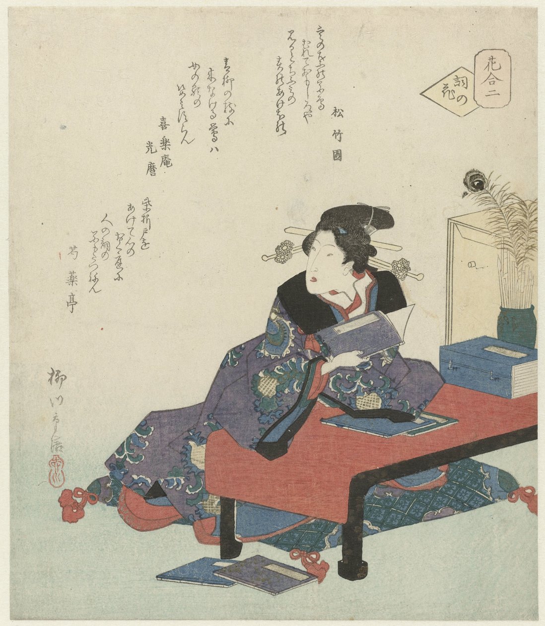 Číslo dvě: květ japonské poezie Kotoba no hana (název na objektu) Srovnání květin (název série) Hana awase (název série na objektu) od Yanagawa Shigenobu (II)