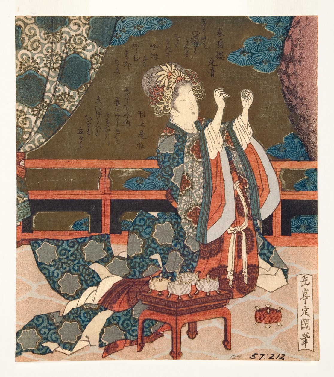 Číňanka zkoumá vlákno, 1823-25 (dřevěný blok) od Yashima Gakutei