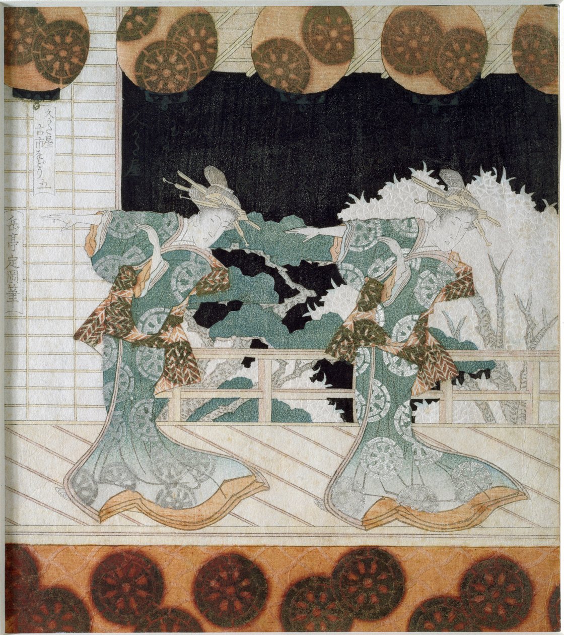 Tanečníci v tradičních kostýmech na scéně Japonský tisk „Surimono“ od Yashima Gakutei (1786-1868) 1822 Soukromá sbírka od Yashima Gakutei