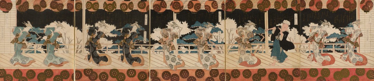 Tančící kurtizány, tři, ze série pentaptychů "Taneční představení Furuiči (Furuiči odori)" pro klub poezie Hisakataya od Yashima Gakutei