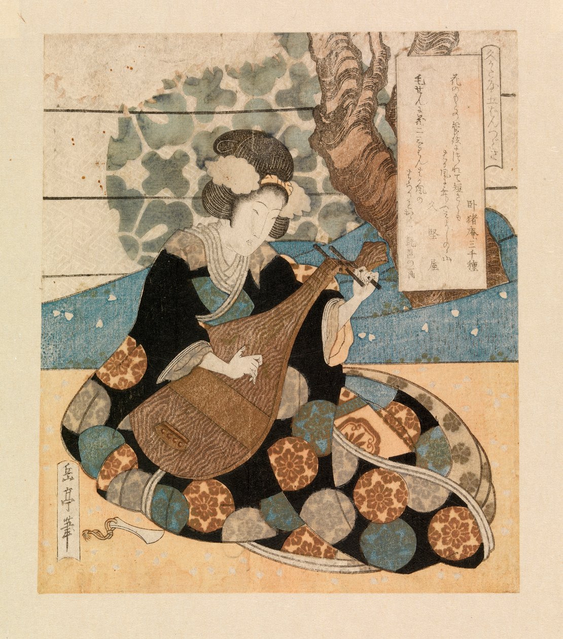 Dáma hrající na nástroj, cca 1804-40 (barevný dřevoryt) od Yashima Gakutei