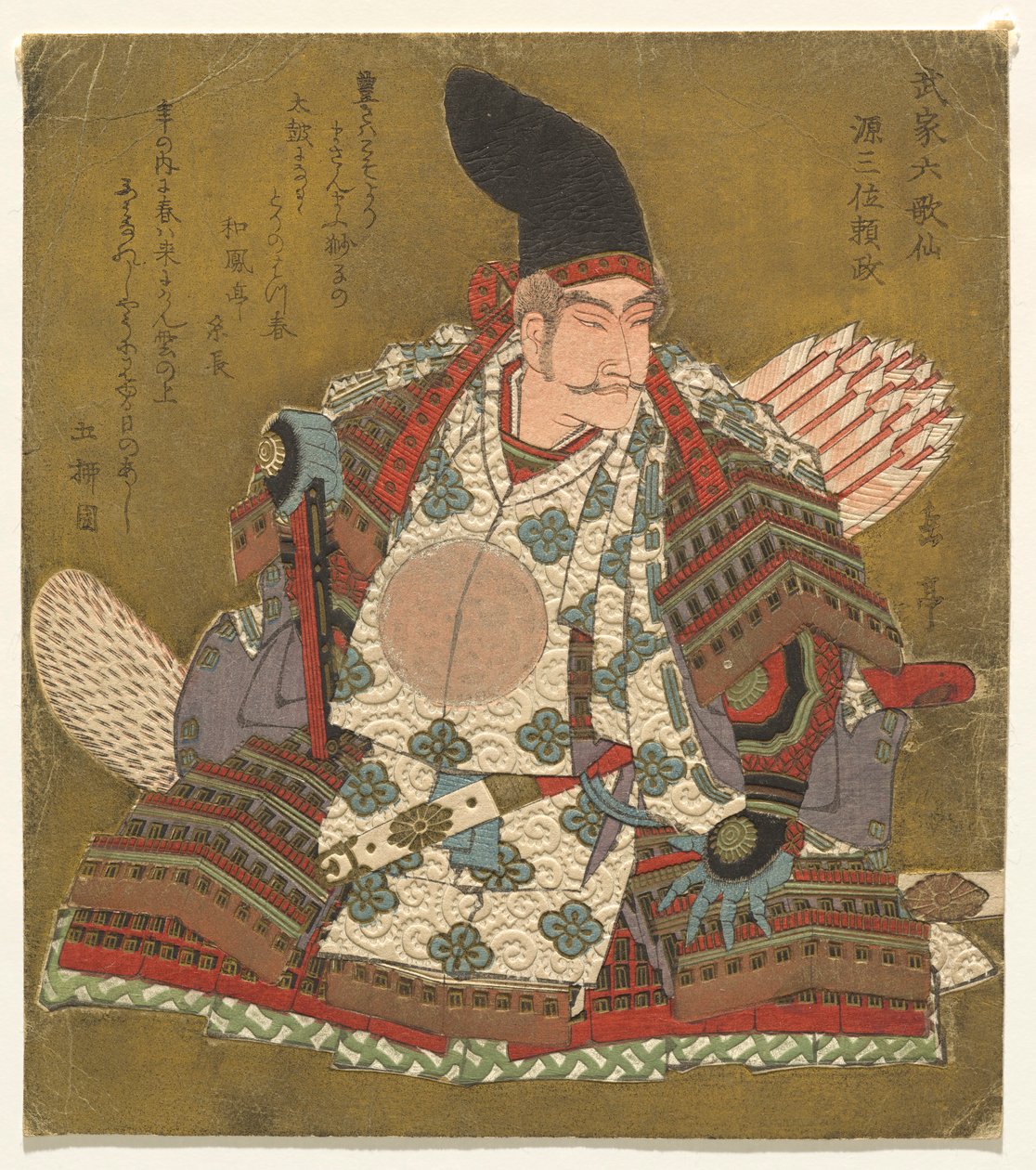 te rd sloupec k Minamoto no Yorimasa (Minamoto Sanmi Yorimasa), ze série Te shi x Hitomo r jiní l Samurajský básník ts (Samurai Rokkasen) od Yashima Gakutei