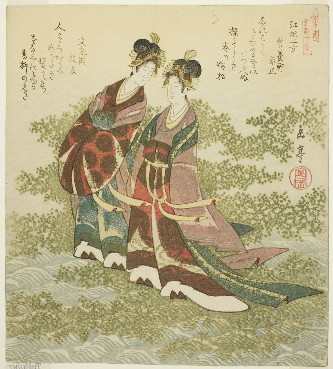 Dvě princezny z řeky (Kohi nijo), ze série "Sada deseti slavných čísel pro kruh Katsushika (Katsushikaren meisu juban)" od Yashima Gakutei