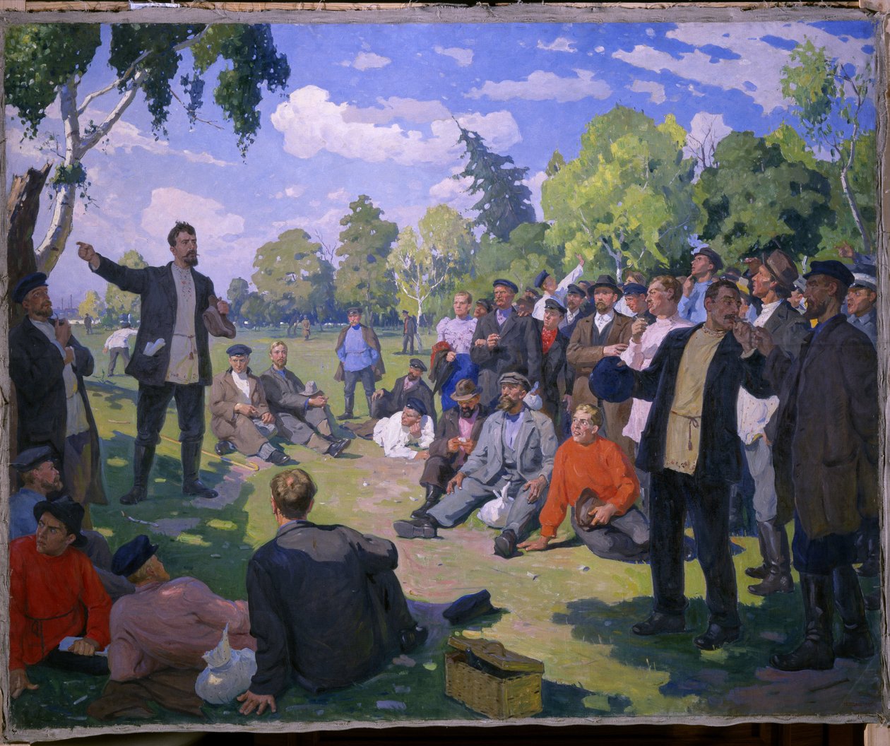 Svátek práce 1. v roce 1891 (první máj roku 1891). Den odpočinku a shromáždění pracovníků ve slunném parku. Obraz Jefima Michajloviče Čeptsova (1875-1950), olej na plátně 1935. Sovětské umění 20. století. Státní ruské muzeum, Saint od Yefim Mikhailovich Tcheptsov