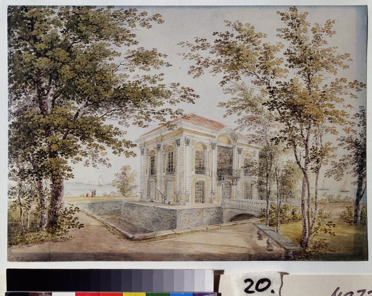 Pavilon Ermitáž v Peterhofu. Tento pavilon, nazývaný také nový Monplaisir, byl postaven v roce 1725 architektem J. F. Braunsteinem. Dílo Jegora Jegoroviče Meiera (1822-1867), akvarel na papíře, kolem 1850. Ar od Yegor Yegorovich Meier