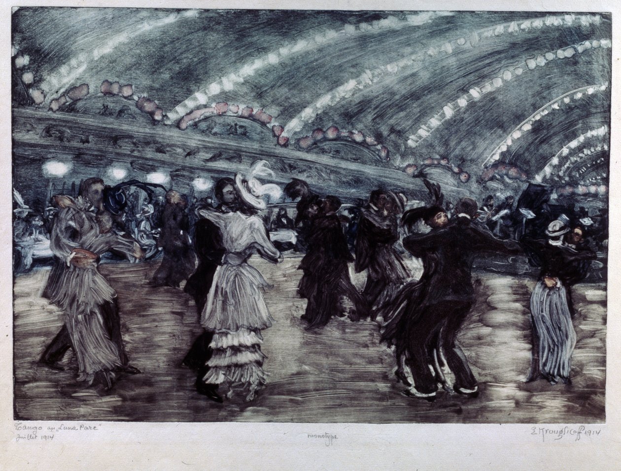 Tango a Luna Park (Tango Dance at Luna Park). Páry tanečníků na široké podlaze, osvětlené ze stropu girlandami světla. Umělecké dílo Yelisavety (Elisabeth) Sergeyevna Kruglikova (Elizaveta Sergeevna Krouglikova) (1865-1941), rytina ( od Yelisaveta Sergeyevna Kruglikova