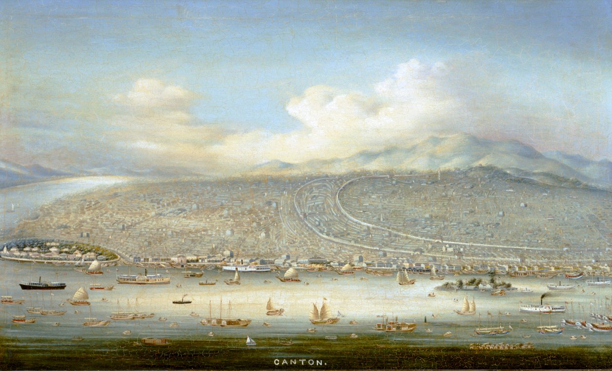 Pohled na Kanton s ostrovem Shamian v roce 1865, asi 1880 (olej na desce) od Yichang Yichang