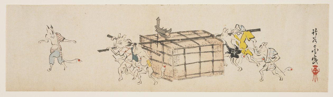 White Foxes Carrying a Coffer, cca 1840 (barevný dřevotisk) od Yoda Chikkoku