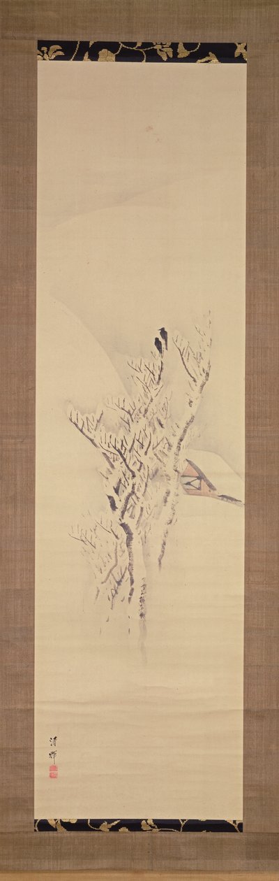 Zasněžená krajina s vránami na stromě, cca 1820-50 (inkoust a barvy na papíře) od Yokoyama Seiki
