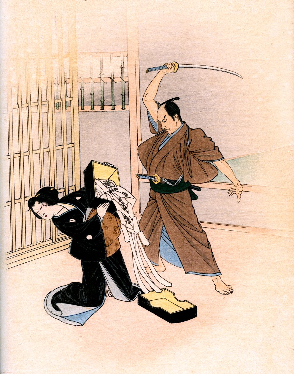 Tradiční japonské divadlo: herec ohrožuje herečku mečem od Yoshimune Arai