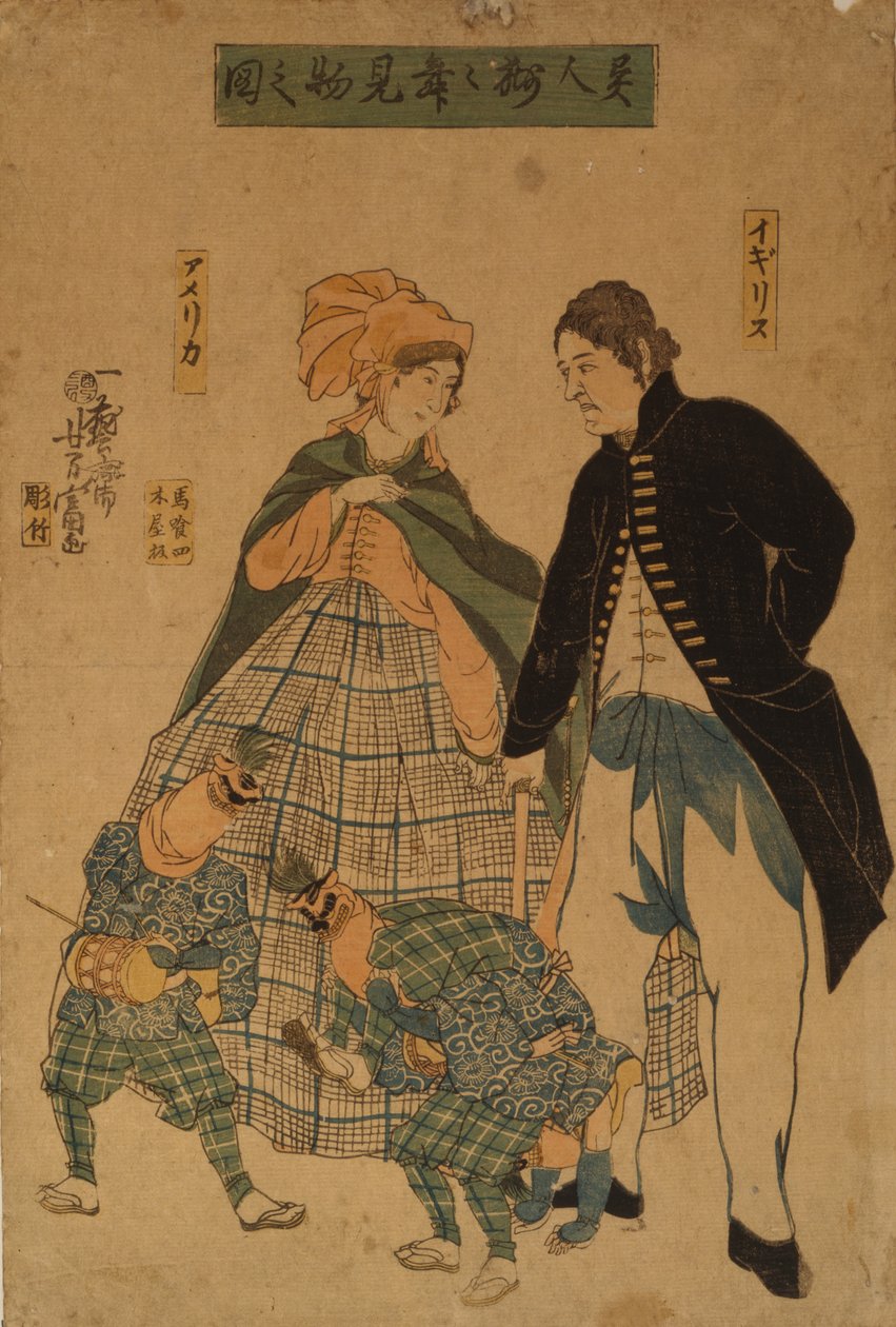 Cizinci sledující novoroční tanec, 1861 od Yoshitomi Utagawa