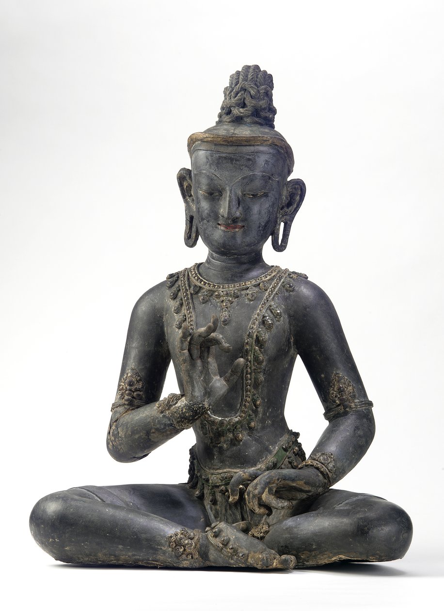Bódhisattva v nepálsko-čínském stylu (lak, látka, stopy modré, zlaté a zelené barvy a plátkové zlato) od Yuan Dynasty Chinese School