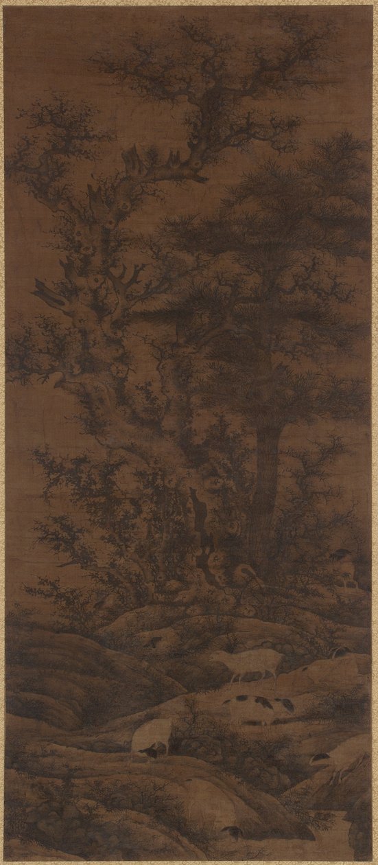Zimní stromy a ovce od Yuan Dynasty Chinese School
