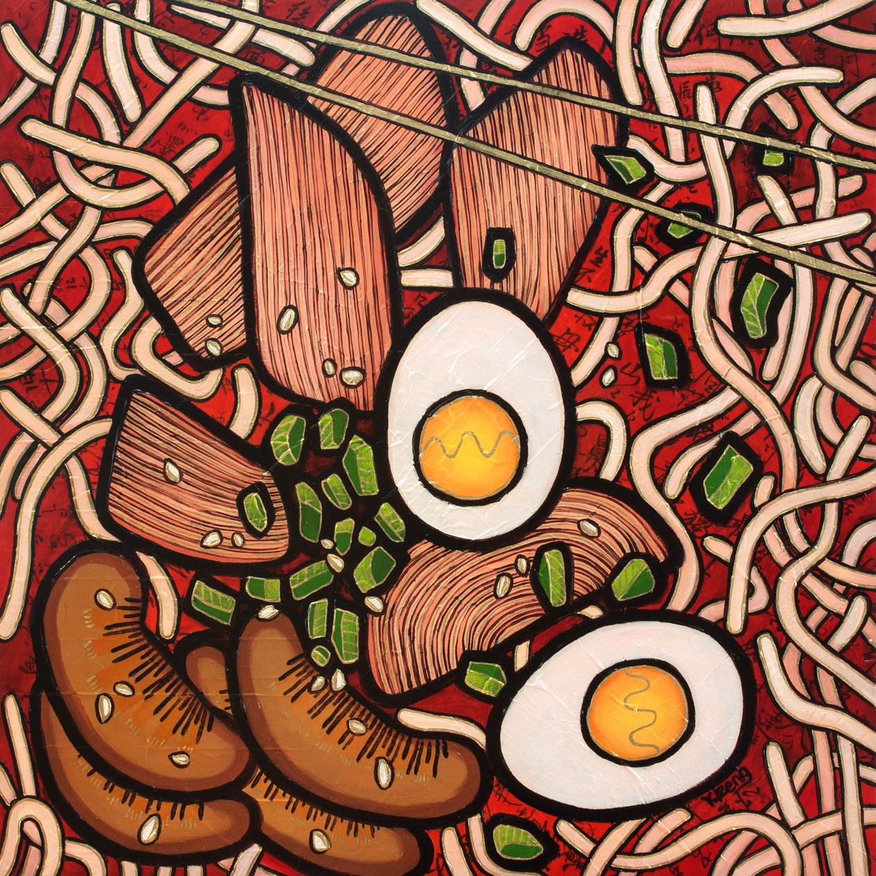 Ramen noodle chicken, 2023 (kombinovaná technika na dřevěné desce) od Yue Zeng