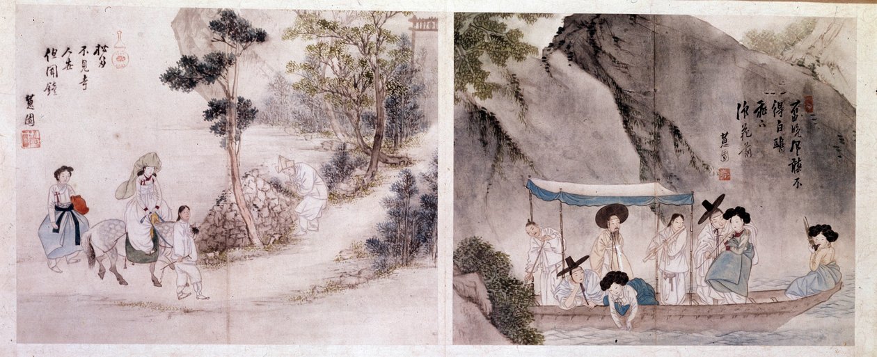 Art coreen: scéna chůze a lodi. Tisky Sin Yun Bok (nebo Hyewon) (narozen 1758). 18. století. od Yun bok Sin