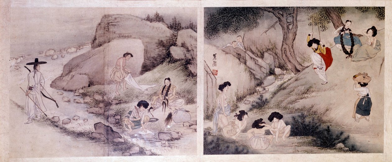 Art coreen: ženy si samy perou prádlo a oblékají se a ženy si umývají toalety a zabávají se. Tisky Sin Yun Bok (nebo Hyewon) (nar. 1758). Kolekce Hyung Pil Chun od Yun bok Sin