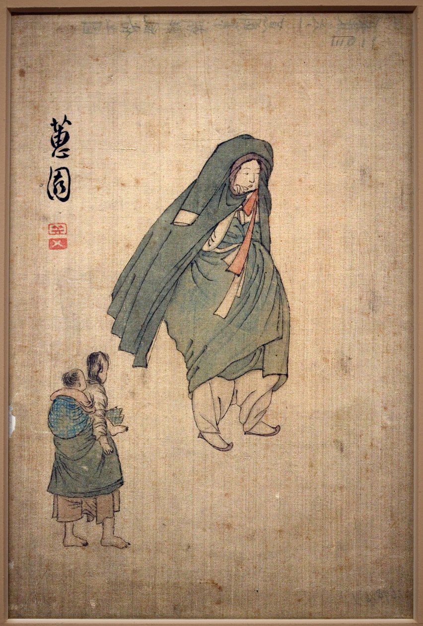 Žena zahalená do kabátu, procházející kolem dvou dětí. Obraz Shin Yunbok (asi 1758-1813), tuš na papíře od Yunbok Shin
