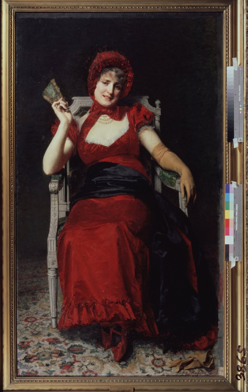 Žena v direktorských šatech (Lady in a Directoire Dress). Šaty mají na sobě rukavici a vějíř a mají červenou barvu, aby ladily s čepicí a botami. Obraz Jurije Jacovleviče Lehmana (Youri Leman) (1834-1901), olej na t. od Yury Jacovlevich Lehman