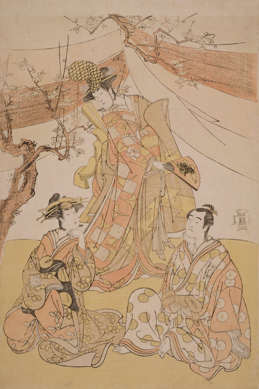 Tři herci ve scéně z „Bamboo pokryté sněhem: Genji v dlouhých rukávech“, 1785 (dřevotisk) od Yushido Shunsho