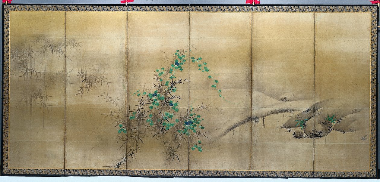 Winter and Summer Flowers, Jeden z dvojice šestipanelových skládacích paravánů, c. 1600 (inkoust, barva a zlato na papíře) od Yusho Kaiho