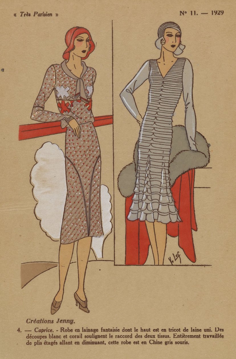 Velmi pařížský, 1929, č. 11: Výtvory Jenny. / 4. - Rozmar. - Vlněné šaty... od Y.v. Luq