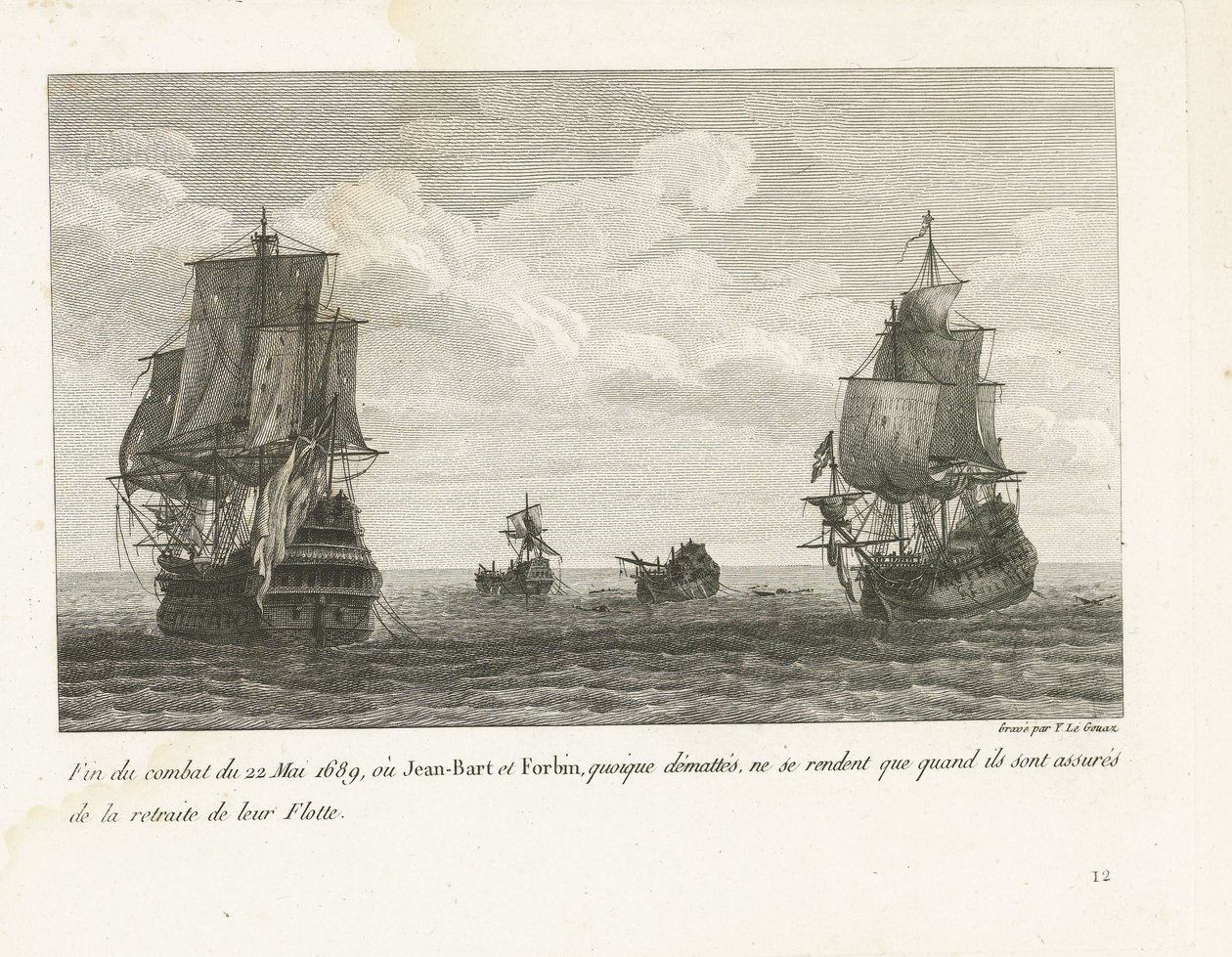 Einde van het gevecht van Jan Bart op 22. května, 1689 Konec boje 22. května 1689, kde Jean-Bart a Forbin, i když nebyli maskováni, se vzdávají pouze tehdy, když jsou ujištěni o ústupu své flotily (titul na předmětu) Sbírka bojů Jean-Bart, náčelníka Es od Yves Marie Le Gouaz