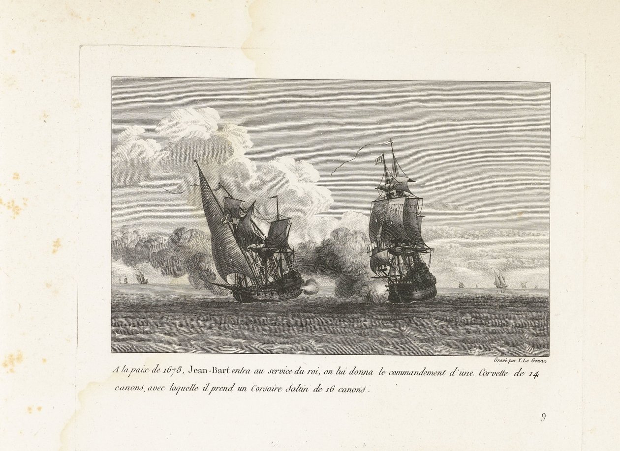 Jan Bart in dienst van de koning van Frankrijk, 1678 V míru roku 1678 vstoupil Jean-Bart do králových služeb, dostal velení 14-ti dělové Corvette, se kterou vzal 16-ti dělovou Corsair Saltin (titul na předmětu) Sbírka hřebenů od Yves Marie Le Gouaz