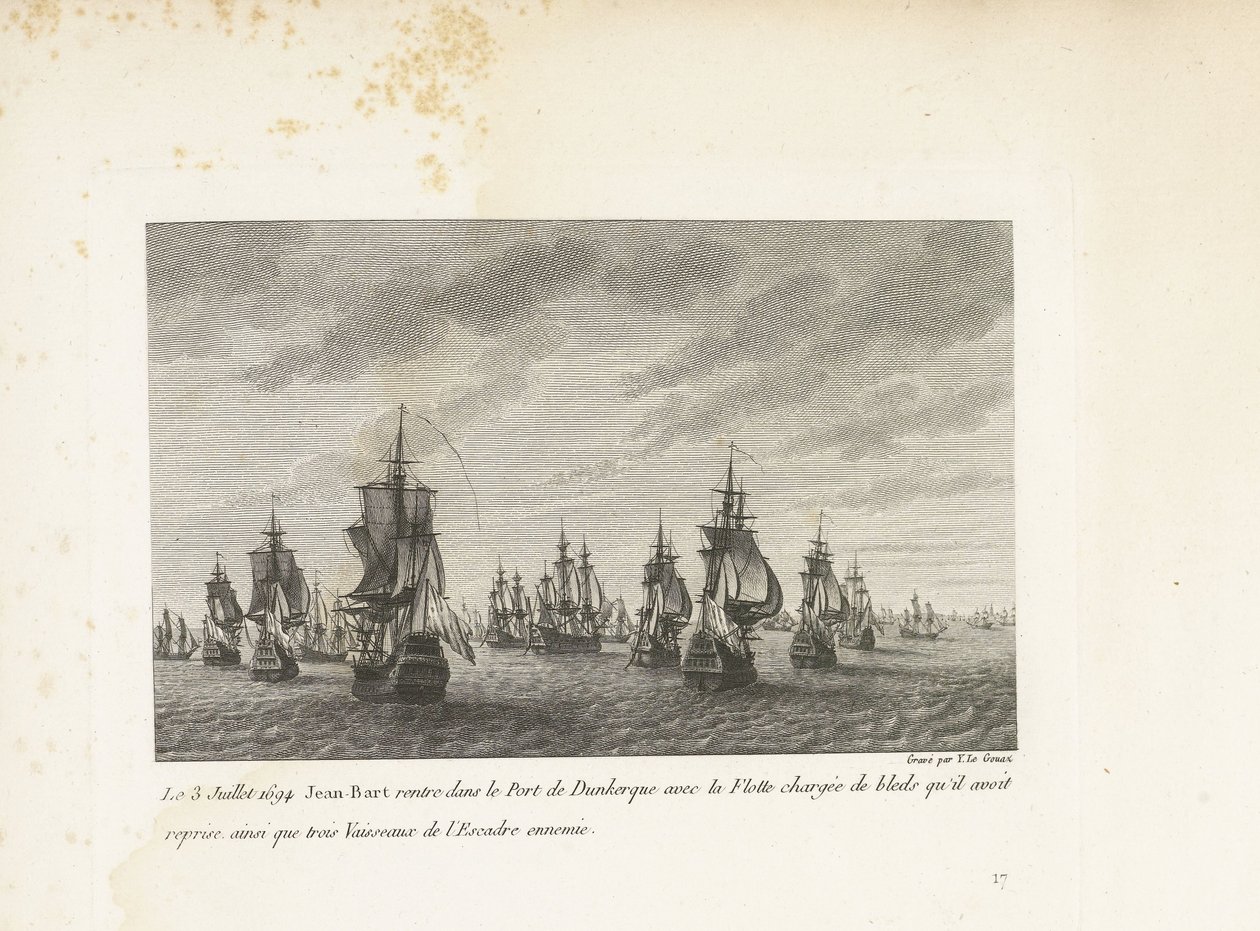 Jan Bart vaart Duinkerke binnen met de heroverde graanschepen, 1694 3. července 1694 se Jean-Bart vrací do přístavu Dunkerque s flotilou naloženou krví, kterou převzal, a také třemi plavidly nepřátelské eskadry (titul na předmětu) Sbírka od Yves Marie Le Gouaz