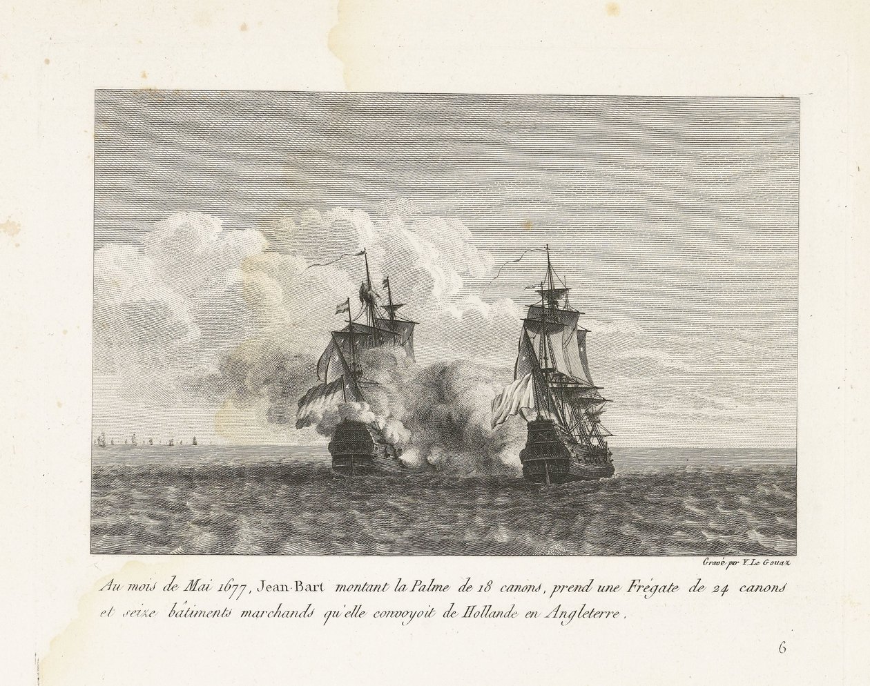 Jan Bart verovert een Hollands fregat, 1677 V květnu 1677 Jean-Bart nasedl na 18dělnou Palme, vzal fregatu s 24 děly a šestnáct obchodních lodí, které přepravovala z Holandska do Anglie (název předmětu) Sbírka Jeiných bojů od Yves Marie Le Gouaz