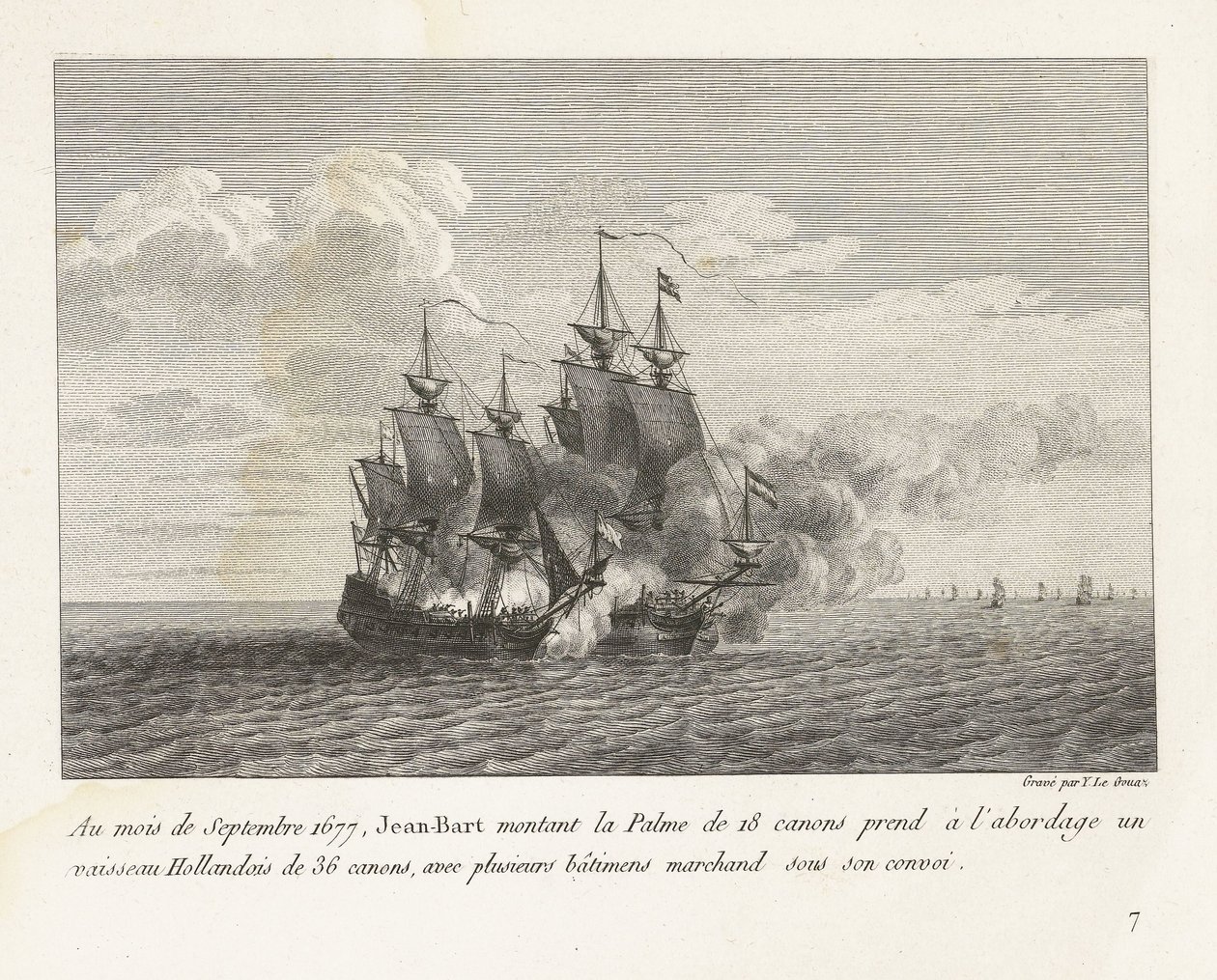 Jan Bart verovert een Hollands fregat, 1677 V září 1677 Jean-Bart nasedl na 18 dělovou Palme a nastoupil na 36 dělovou holandskou loď s několika obchodními loděmi pod jeho konvojem (název na předmětu) sbírka soubojů od Yves Marie Le Gouaz