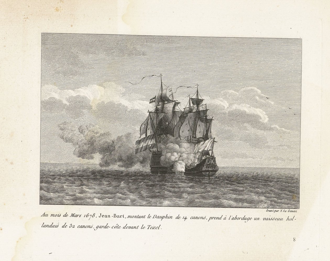 Jan Bart verovert een Hollands fregat, 1678 V březnu 1678 nastoupil Jean-Bart na 14dělovém Dauphinu na 32 dělové holandské plavidlo, pobřežní stráž před Texelem (název na předmětu) Sbírka bojů Jean-Bart, náčelníka Es od Yves Marie Le Gouaz
