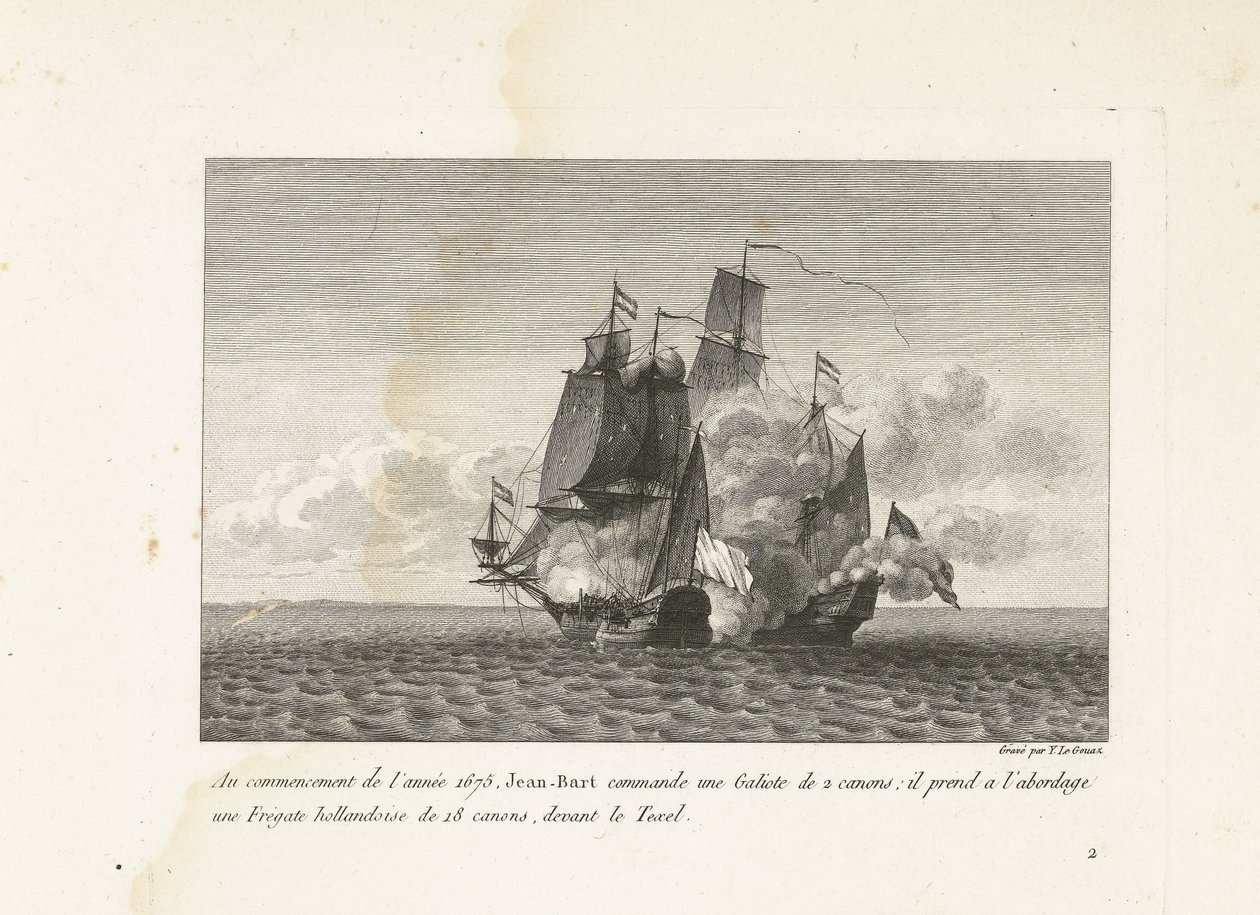 Jan Bart verovert een Hollands fregat bij Texel, 1675 Na začátku roku 1675 Jean-Bart velí Galiote se 2 děly: nastoupil na holandskou fregatu s 18 děly před Texelem (název na předmětu) Sbírka bojů Jean-B od Yves Marie Le Gouaz
