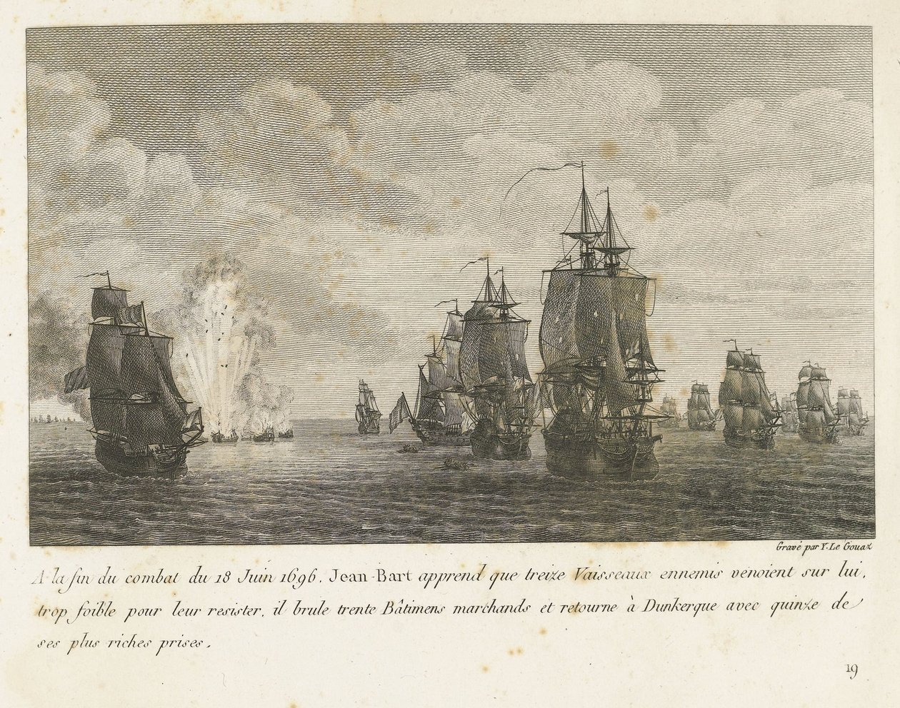 Treffen tussen een vloot onder Jan Bart en een Hollandse vloot, 1696 Na konci boje 18. června 1696 se Jean-Bart dozví, že třináct nepřátelských plavidel (...) a vrací se do Dunkerque s patnácti ze svých nejbohatších cen (titul na předmětu) Kolekce comba od Yves Marie Le Gouaz