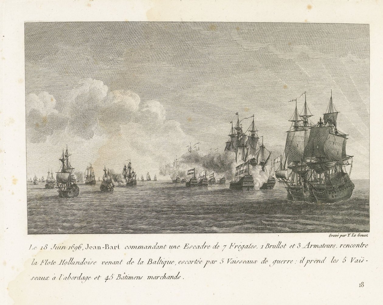 Treffen tussen een vloot onder Jan Bart en een Hollandse vloot, 1696 18. června 1696 se Jean-Bart velící eskadře 7 fregat (...) setkává s nizozemskou flotilou přicházející z Baltu (název na předmětu) Sbírka bojů Jean-Bart, náčelníka Esc od Yves Marie Le Gouaz