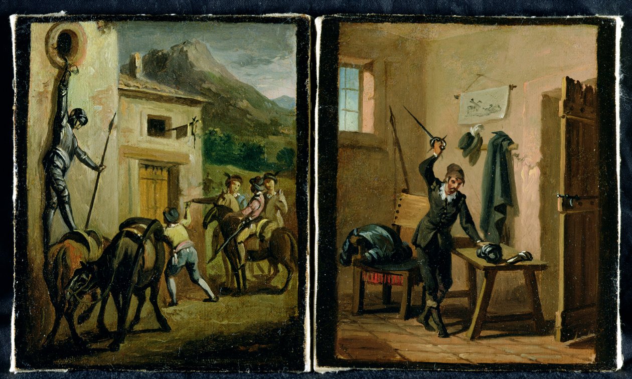 Don Quijote visící z okna a připravující si brnění, dvě scény z románu Cervantese od Zacarias Gonzalez Velazquez