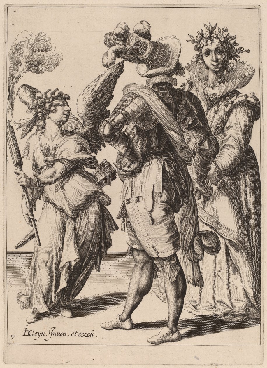 Amor se zavázanýma očima drží pochodeň před párem od Zacharias Dolendo after Jacques de Gheyn II