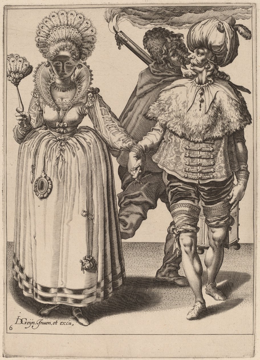 Muž s turbanem vede ženu s pavími pery od Zacharias Dolendo after Jacques de Gheyn II