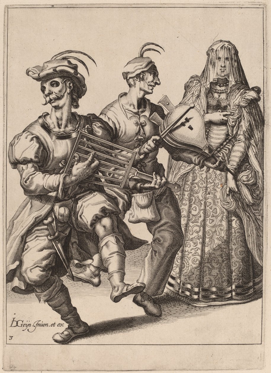 Zahalená žena se dvěma hudebníky hrajícími na mřížku a měchy od Zacharias Dolendo after Jacques de Gheyn II