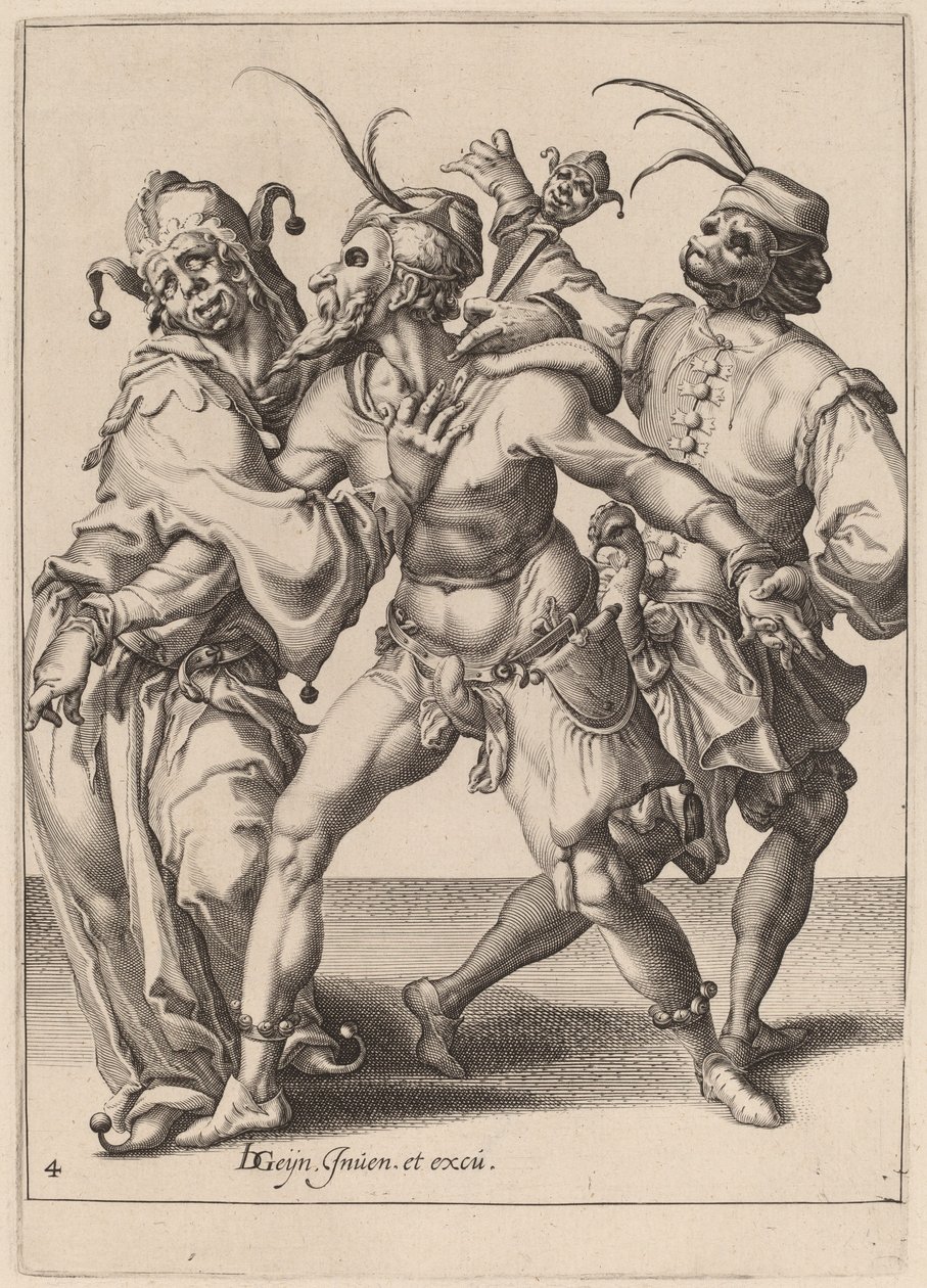 Tři Tančící Mummery, Včetně Šaška od Zacharias Dolendo after Jacques de Gheyn II