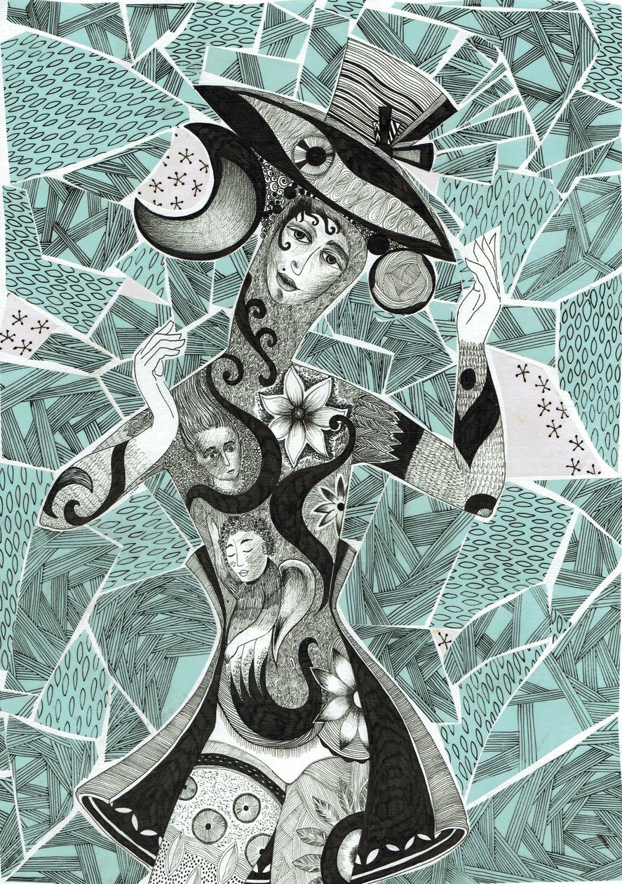 Nálada, 2017 (inkoust, koláž na papíře) od Sabina Nedelcheva Williams