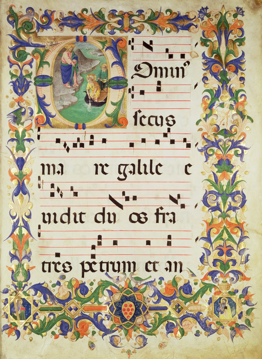 Misál 515 f.1r Strana sborové hudby s historickou iniciálou „O“ zobrazující Povolání svatého Petra a svatého Ondřeje, hranici osvětlenou Filippo di Matteo Torelli (1409-68) ze sborníku od Zanobi di Benedetto Strozzi
