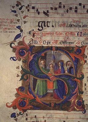 Misál 515 f.28v Historická iniciála S zobrazující Prezentaci v chrámu, 1448-49 od Zanobi di Benedetto Strozzi