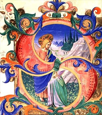 Misál 515 f.118r Historická iniciála „S“ zobrazující Krista žehnajícího klečícího biskupa, okraj osvětlený Filippo di Matteo Torelli (1409-68) ze sborové knihy popravené před rokem 1449 (vellum) od Zanobi di Benedetto Strozzi
