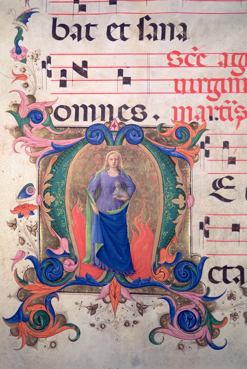 Misál 515 f.13v Historická iniciála „M“ zobrazující svatou Anežku z hudební partitury od Zanobi di Benedetto Strozzi