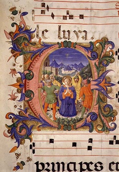 Misál 515 f.5r Umučení sv. Štěpána vyobrazené v historické iniciále, ohraničení osvětlené Filippo di Mateo Torelli (1409-68) ze sborové knihy popravené před rokem 1449 (vellum) od Zanobi di Benedetto Strozzi