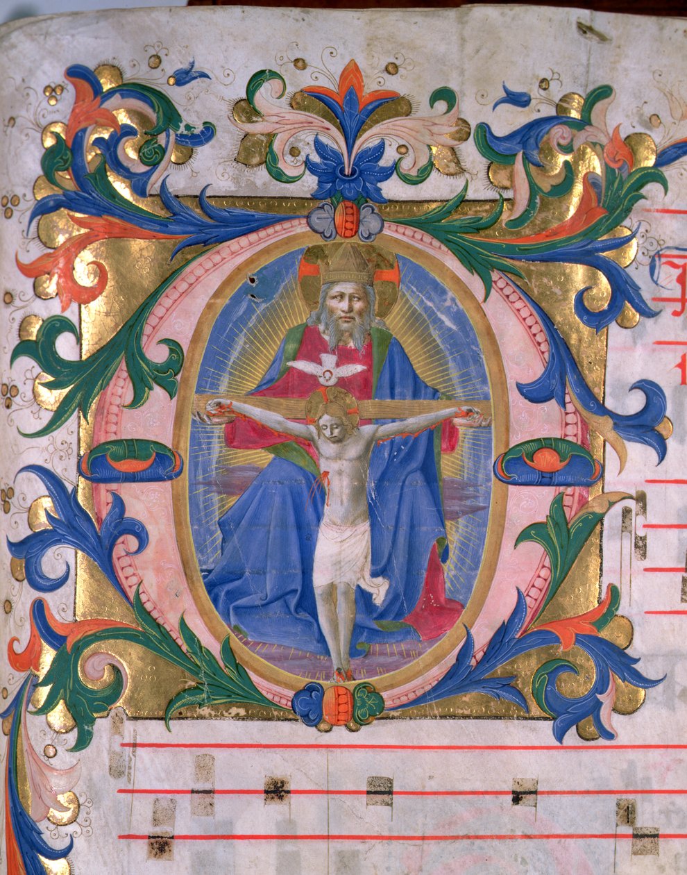 Ms 523 f.166r Historická iniciála „O“ s Trojicí, z misálu, kolem 1446-60 (vellum) od Zanobi di Benedetto Strozzi
