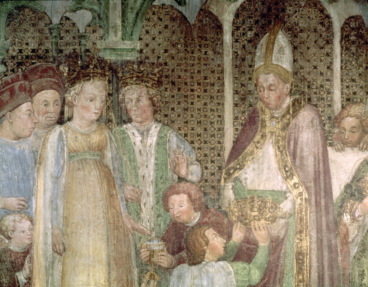 Královna Theodolinda a papež Řehoř Veliký (asi 540–604) vyměňování darů, 1444 od Zavattari Family