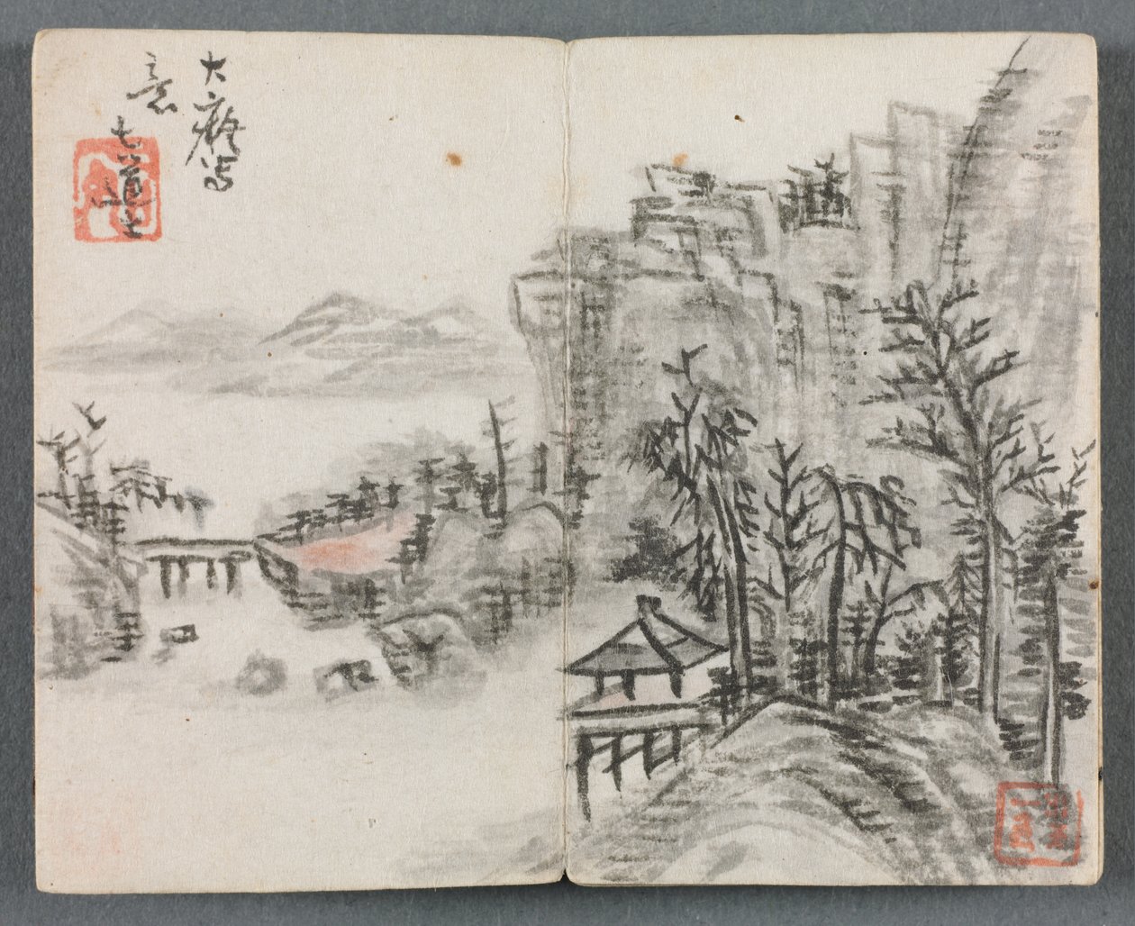 Miniaturní album s postavami a krajinou (Cliff Landscape with Bridge) od Zeng Yandong