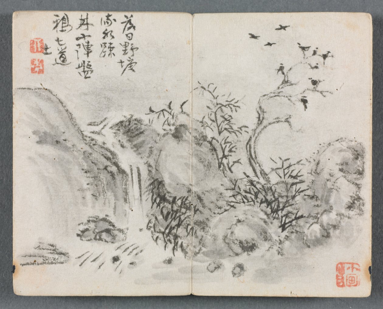 Miniaturní album s postavami a krajinou (Waterfall Landscape) od Zeng Yandong