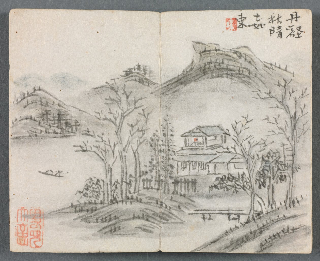 Miniaturní album s postavami a krajinou Krajina s kopcem, domem, lodí a mostem, 1822. od Zeng Yangdong